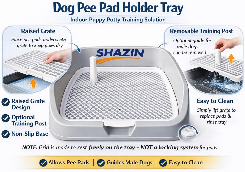 Dog Pee Pad Holder Tray with Raised Non-Locking Grate, Indoor Puppy Potty Training Pad Holder, Removable Training Post, Leak-Proof Design for Small to Medium Dogs, 21" L x 5" W x 17" H