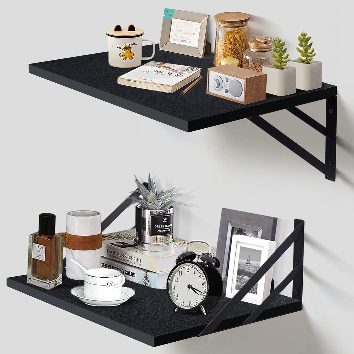 2 Pc Deep Floating Wall Shelves, Heavy Duty, 16x12, Black