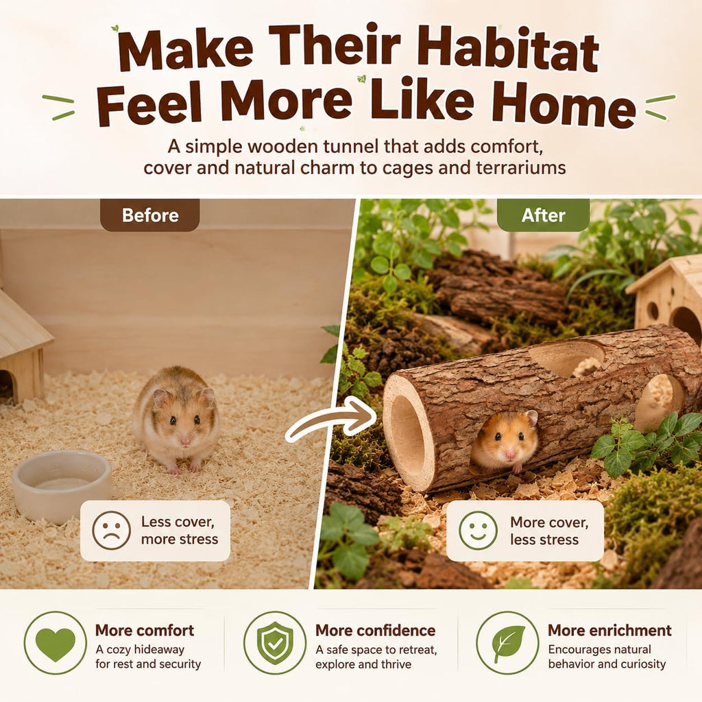 Toddmomy Wooden Hamster Hideout Tunnel for Small Animals 5.90X2.36X2.36In Rat and Guinea Pig Shelter Tube Habitat Safe Play and Rest Space