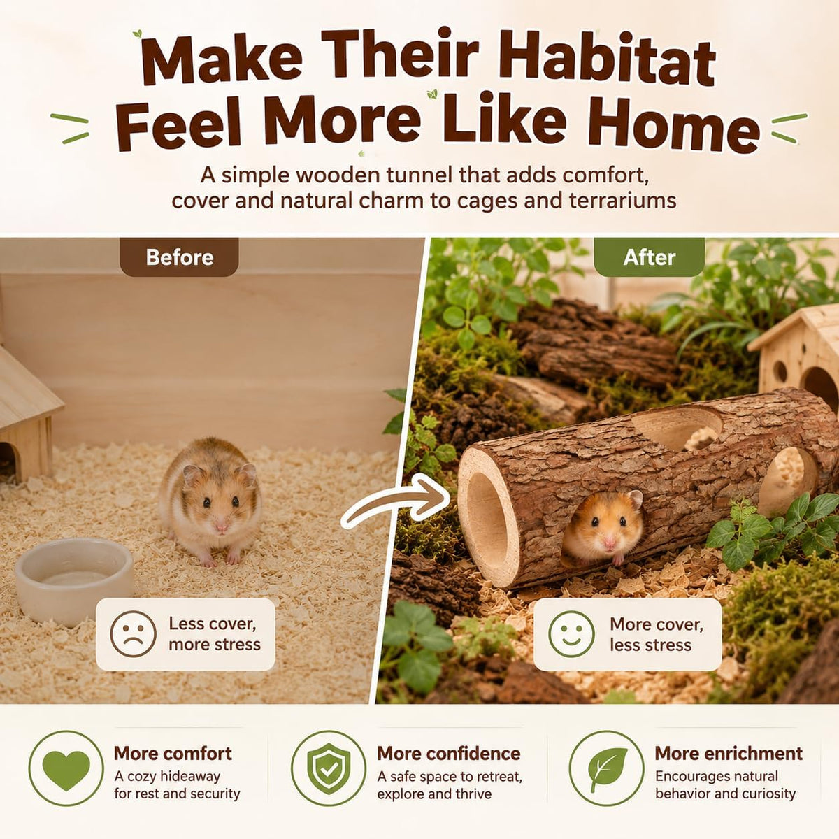 Toddmomy Wooden Hamster Hideout Tunnel for Small Animals 5.90X2.36X2.36In Rat and Guinea Pig Shelter Tube Habitat Safe Play and Rest Space