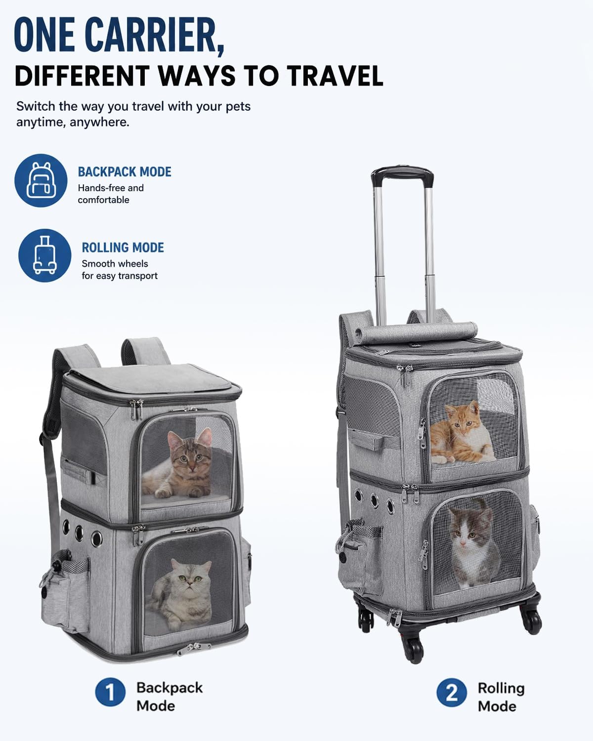 HOVONO Double-Compartment Cat Backpack Carrier with Wheels for 2 Pets, XL