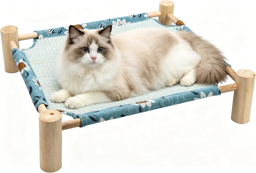 Bedside Cat Bed, Elevated Cat Bed with Double-Sided Mat, Breathable Mesh Wooden Frame, Detachable Washable Portable Bed for Small Dogs & Cats