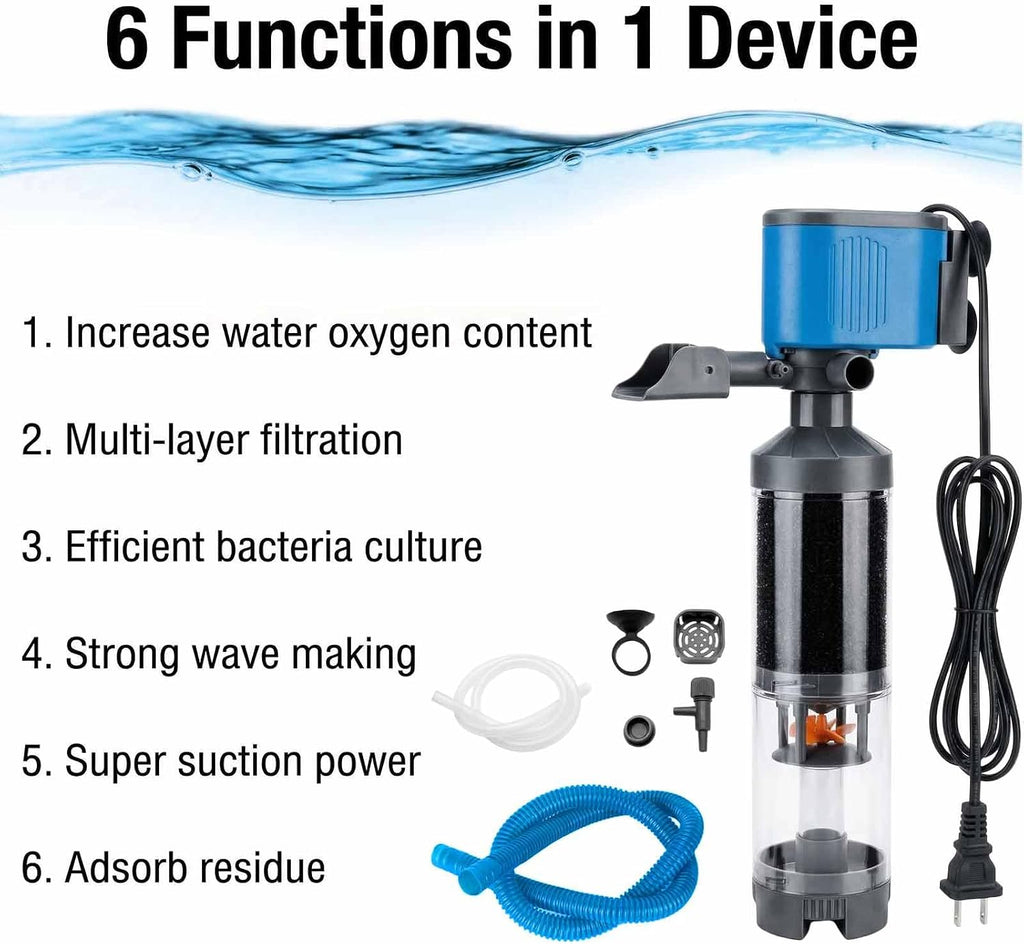 25W 5-in-1 Aquarium Pump w/Replaceable Sponge Filter Cartridge, 475.5 GPH, 3.3 FT Head, Oxygenates Supply,Filters & Purifies Water,Boosts Circulation,Removes Fish Waste,Water Changes, Clear Tanks