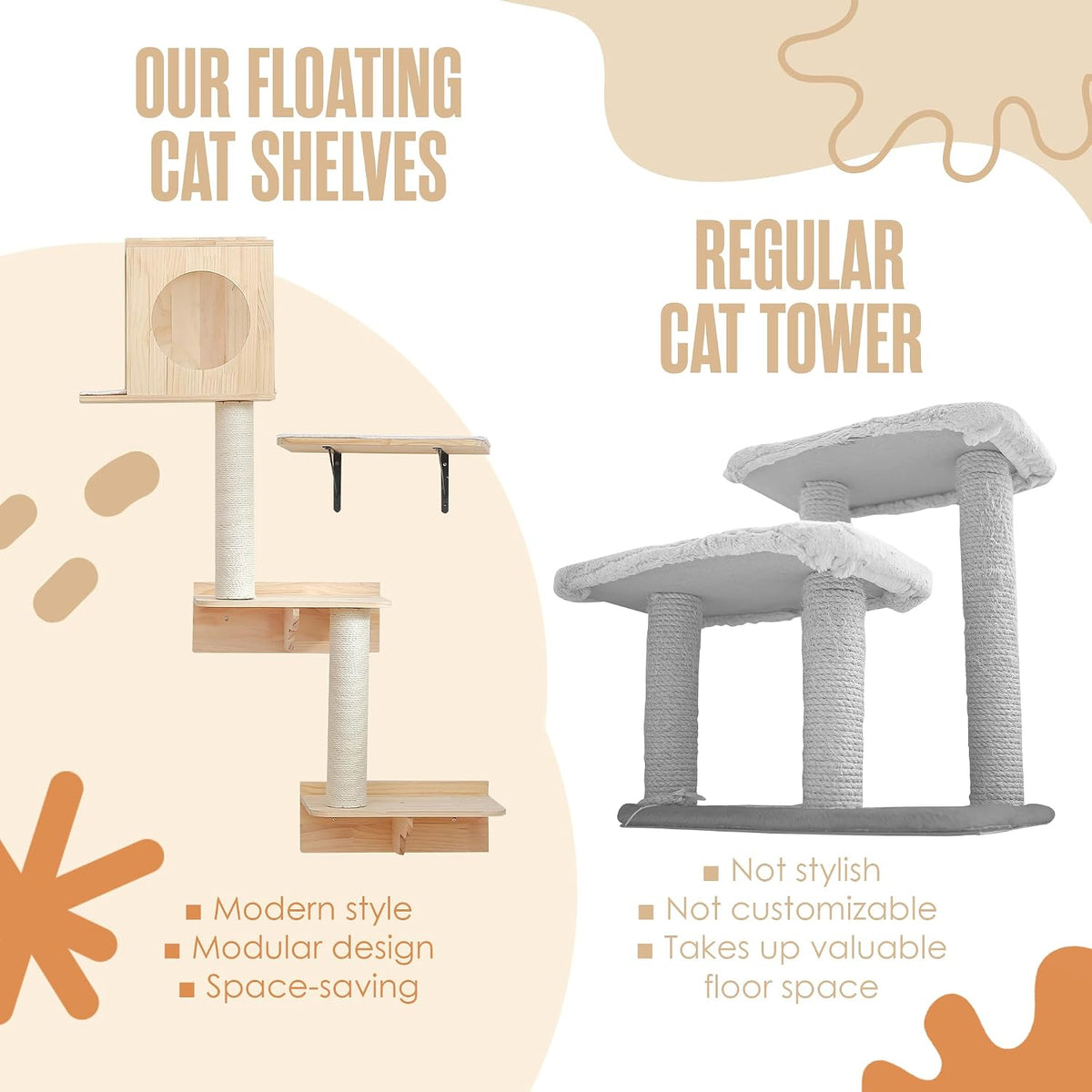 Wall Mounted Cat Tree, Cat Wall Climber, Kitty Climbing Shelves 51 x 35 in