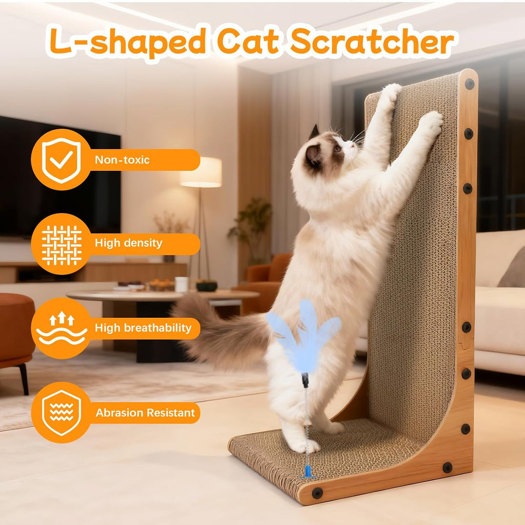 Cat Scratching Post, 3-in1 Cat Scratcher for Indoor Cats, 2PK 22in L-Shaped Scratching Board with 1PK Cardboard Box Scratch Pad, Cats Scratch Furniture Protector with Feathered Toy