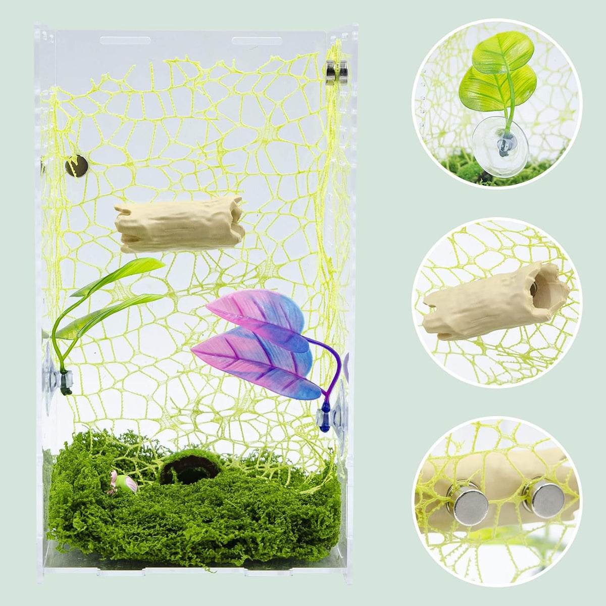 3 Pack Jumping Spider Enclosure Accessories, 1 Plastic Tree Trunk Hide with Magnet, 2 Plastic Simulated Leaf Habitat Platform with Suction Cups, Jumping Spider Enclosure Decorations