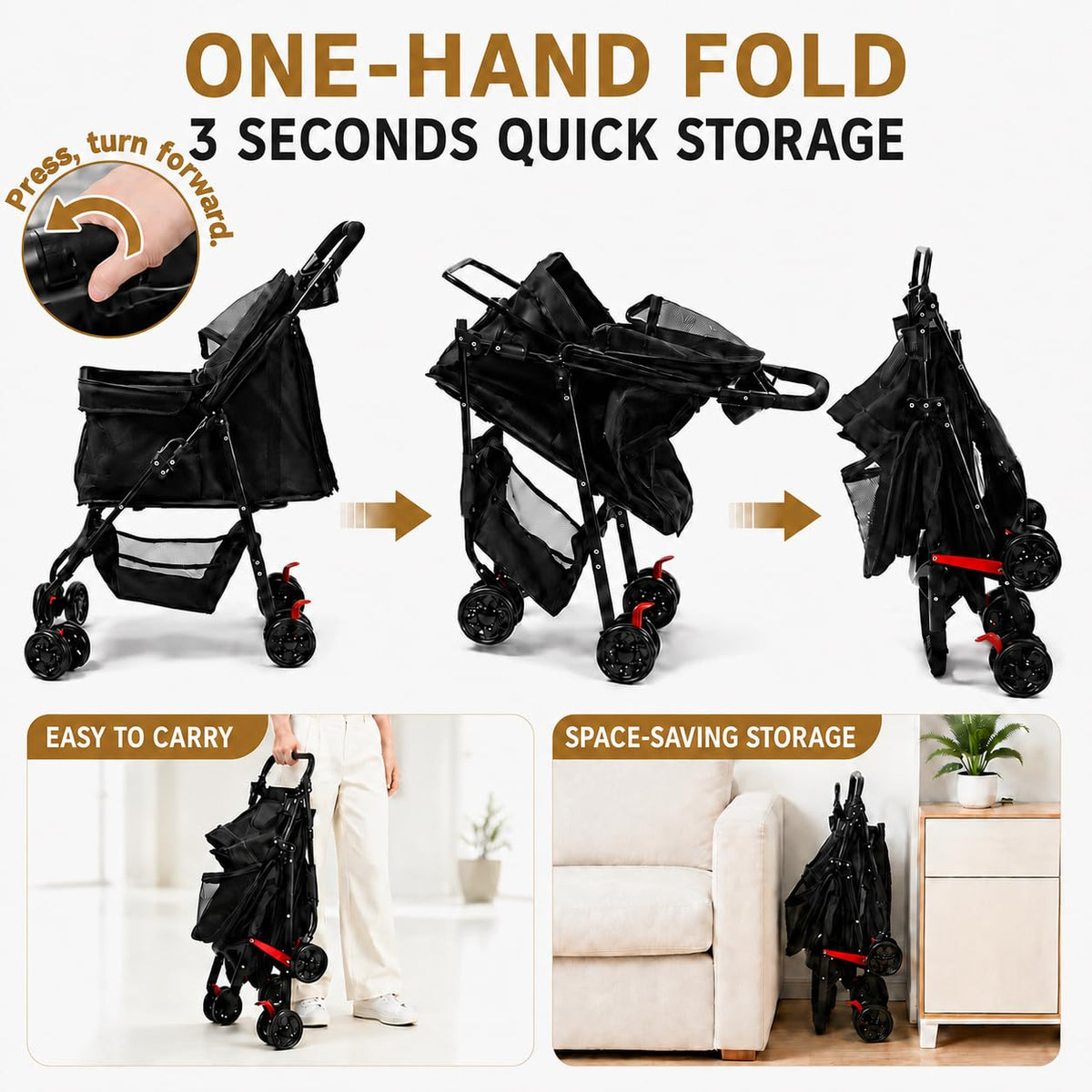 Dog Stroller, Pet Stroller with 4 Wheels, Foldable Dog Strollers for Small Medium Dogs & Cats, Cat Stroller with Storage Basket, Breathable Mesh, 360° Wheels & Rear Brakes Black