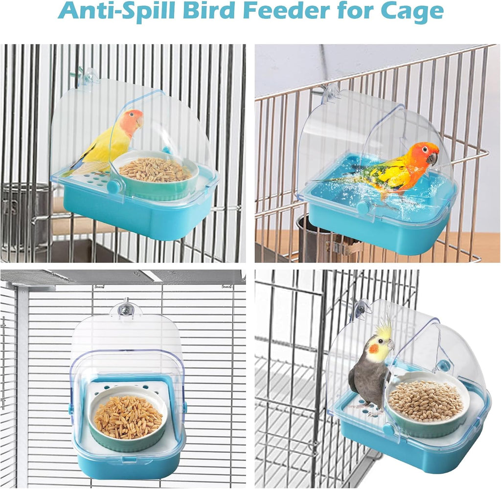2 in 1 No Mess Bird Feeder,Bird Cage Feeder with Ceramic Bowl and Parrot Bathtub with Bottom Drawer Hanging Tube Shower Box for Birds Budgies Parakeet Small Parrot Cockatiels(Blue)