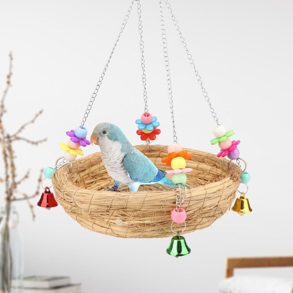 Hypeety Natural Handwoven Straw Bird Nest Bed Bird Swing Toy with Bells