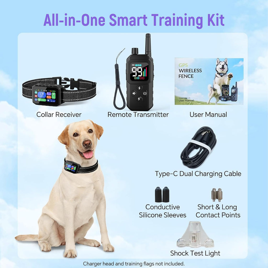 GPS Wireless Dog Fence - Free App Control, No Monthly Fee, Custom Polygon Boundary & Remote Training, Virtual Fence for Dogs 10-120 lbs, Black