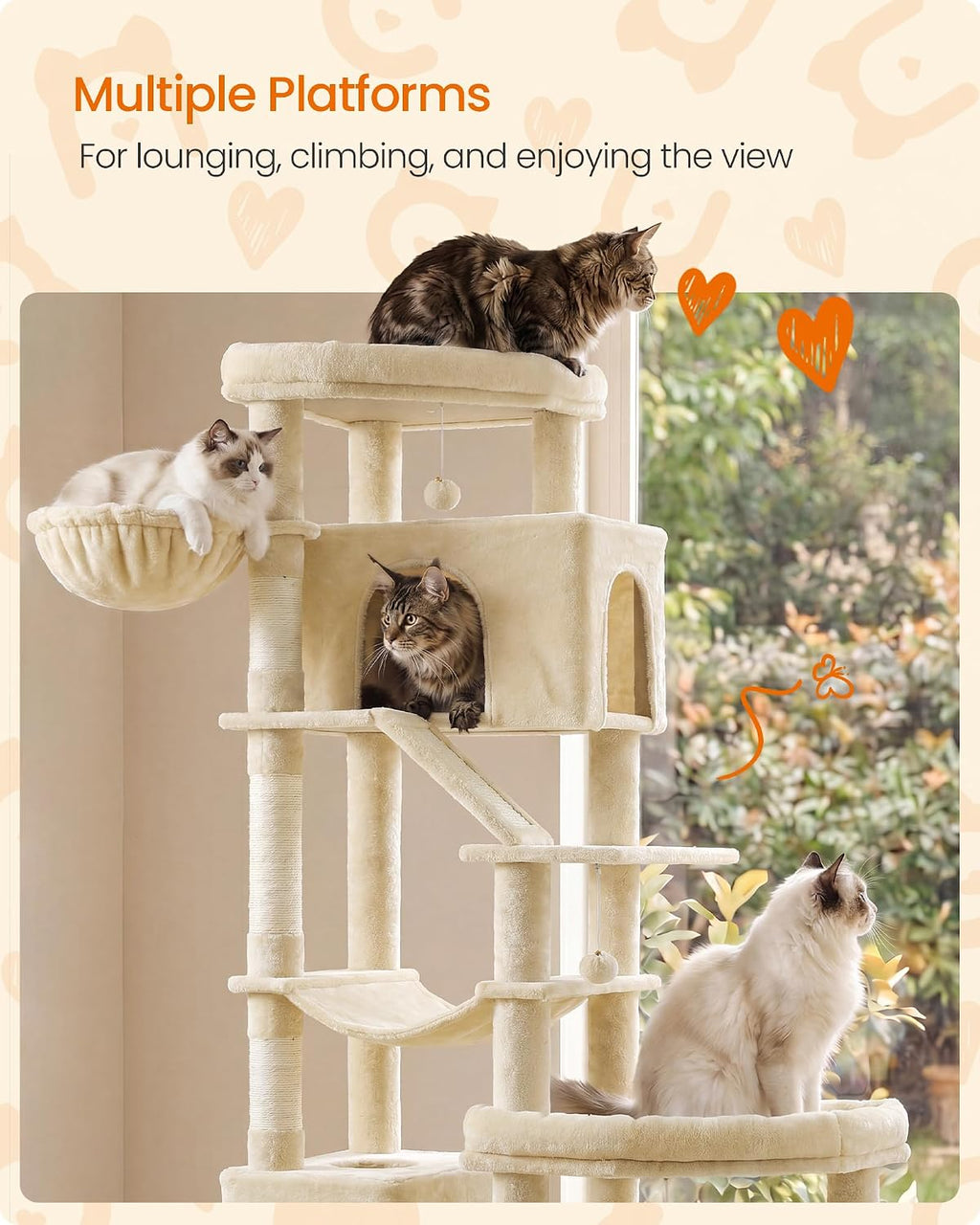 Feandrea Cat Tree, 79.5" Heavy Duty Cat Tower Condo for Indoors, Beige