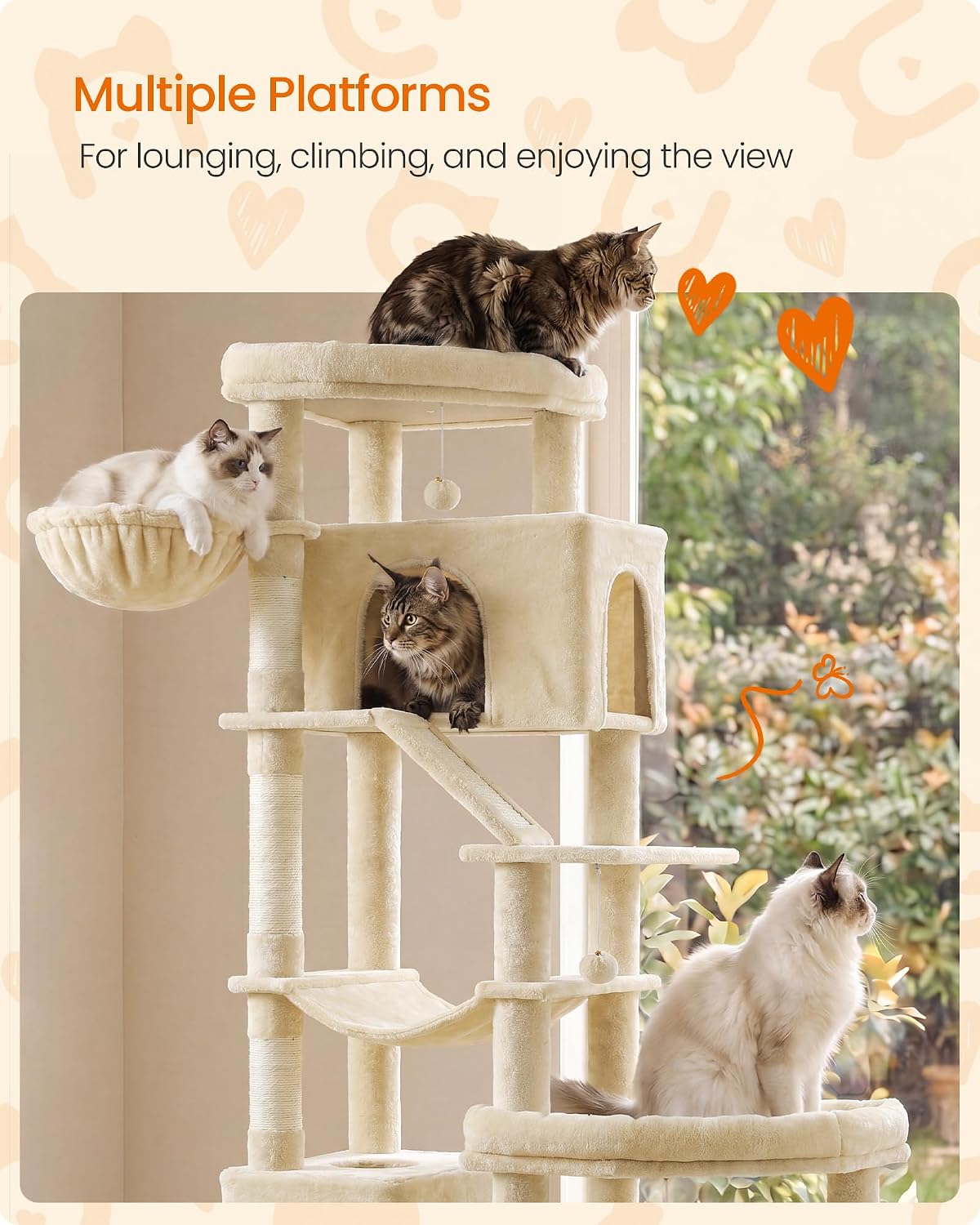 Feandrea Cat Tree, 79.5" Heavy Duty Cat Tower Condo for Indoors, Beige