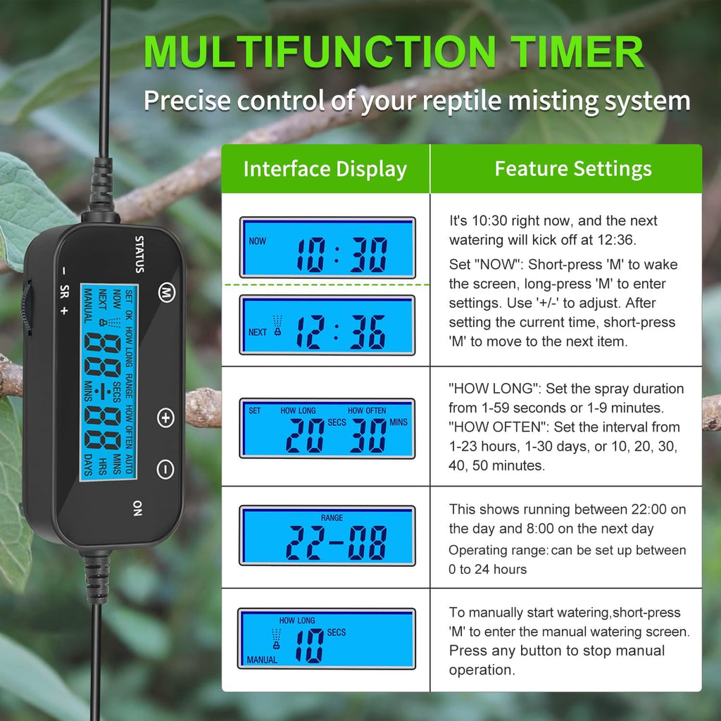 Reptile Misting System with Timer, 6 Nozzles, Self-Priming Pump, Fine Mist
