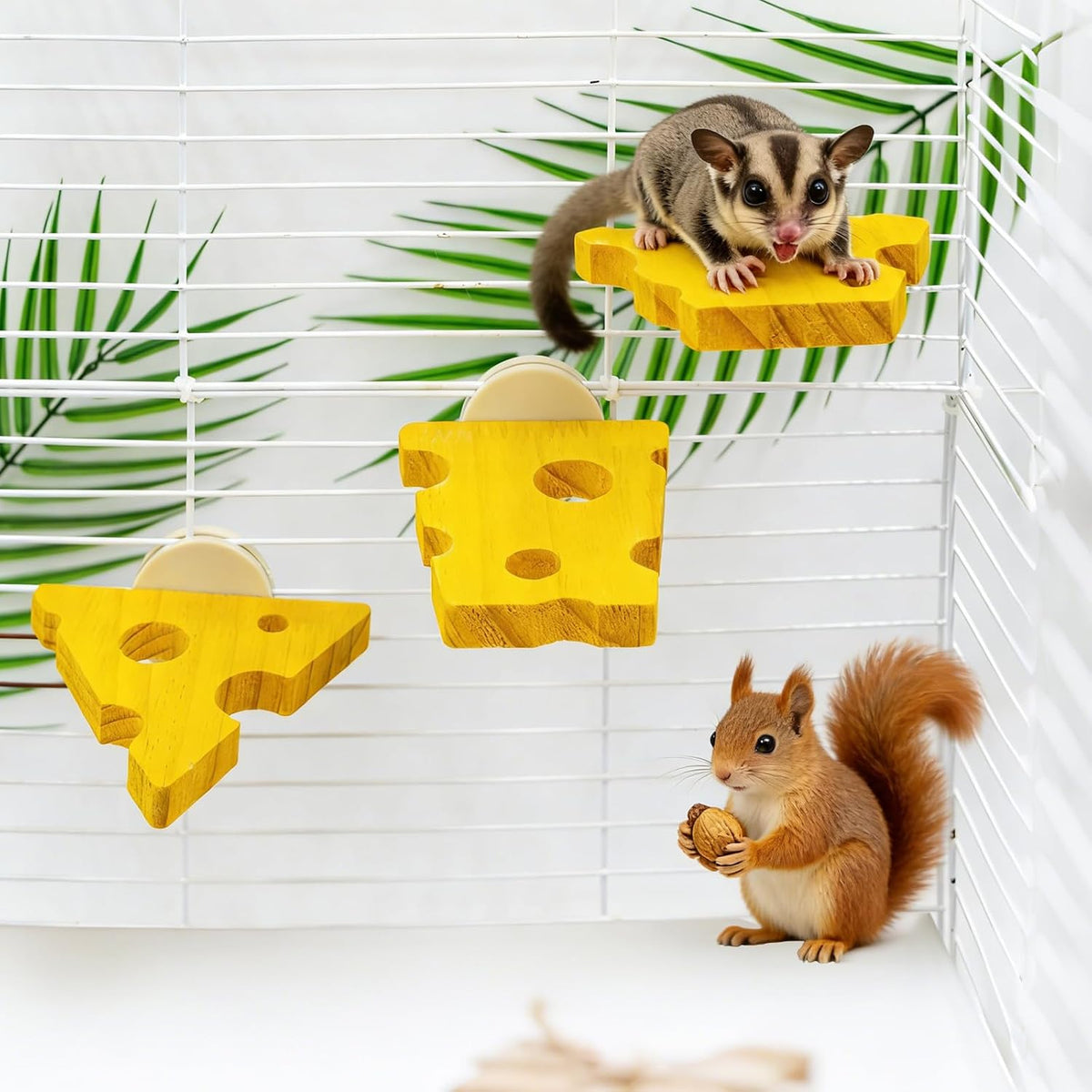3 Pack Cheese-Themed Wooden Climbing Platforms with Mounting Kit - Multi-Level Cage Accessories for Sugar Gliders, Rats, Squirrels & Small Climbers
