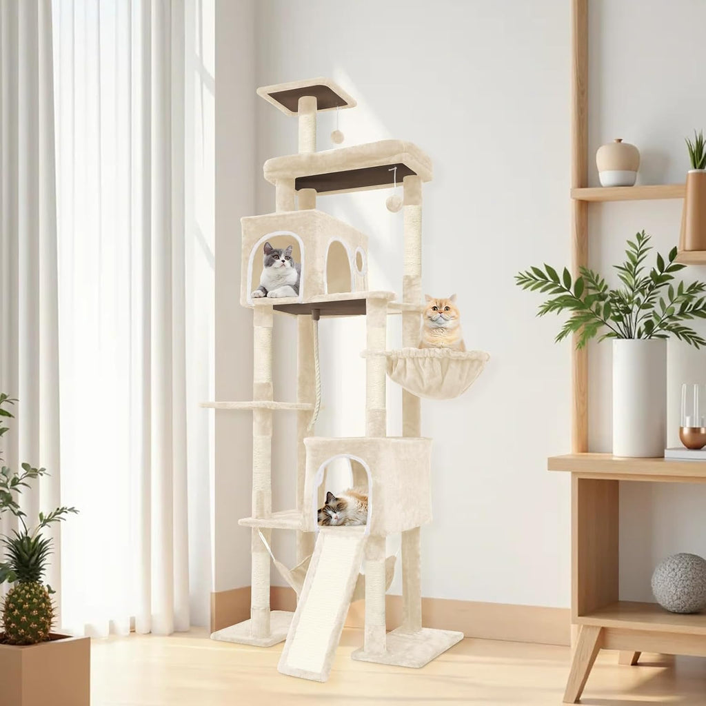 Large Multi-Level Cat Tree,80 Inches Tall with Sisal-Covered Scratching Posts, Condo, Hammock, Dangling Ball, and Extended Platform for Cats to Play and Sleep (Beige)