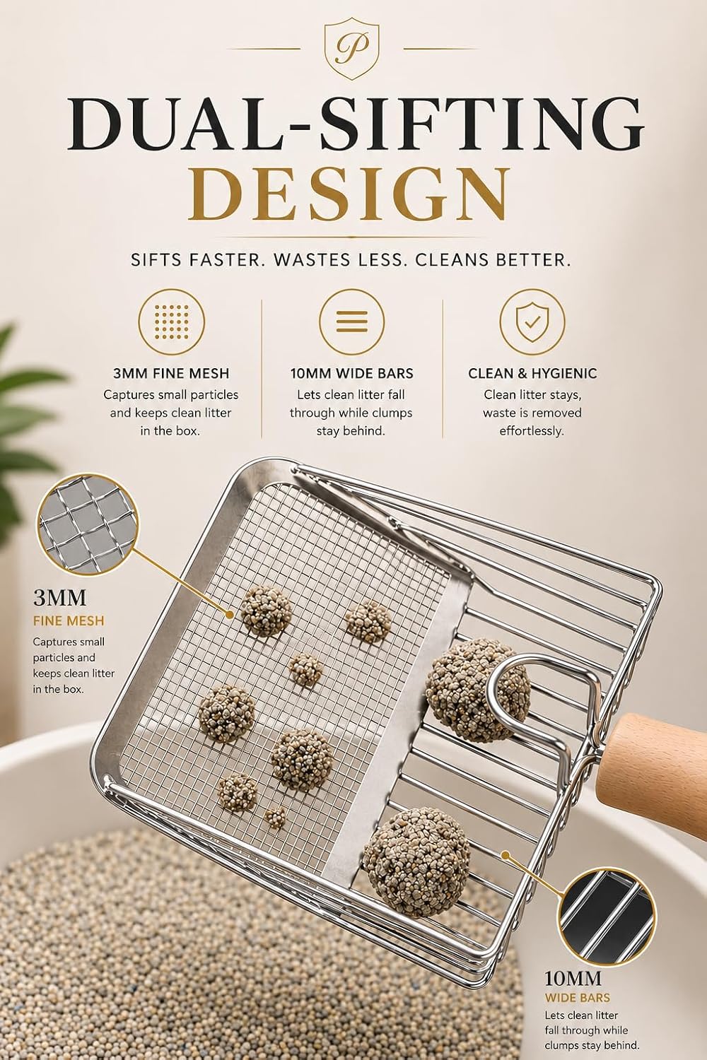 Premium Stainless Steel Cat Litter Scoop with Wooden Handle, Heavy Duty Metal Kitty Litter Scooper with Deep Sifting Basket & Built-in Hook, Durable Modern Litter Scoop for Cat Litter Box