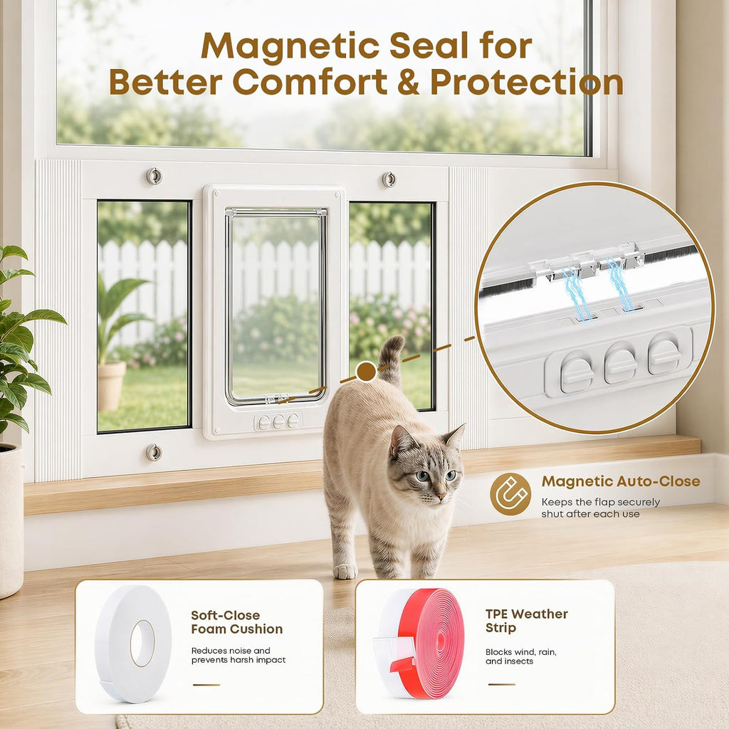 Cat Door for Window, Adjustable 31"-36", 4 Locking Modes + Extra Security Lock for Outside Safety, Window Pet Door with Magnetic Self-Closing, No-Drill Installation, Weatherproof Aluminum Frame Insert