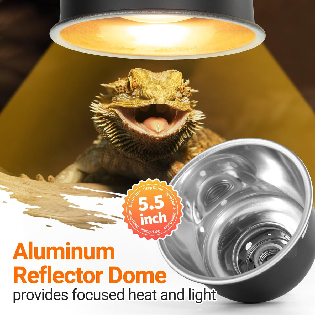5.5 Inch Reptile Light Fixture with Dimming/Separate Switches, 2 Packs Deep Dome Lamp Cap Reflector Cover, UVB Light Heat Lamp Fixture for Reptile Glass Terrariums, Max 100W Black