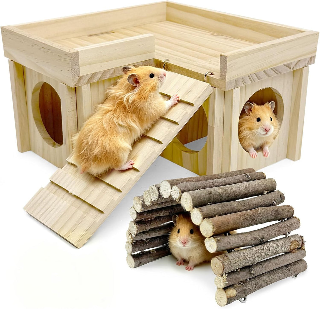 BNOSDM Wooden Hamster Hideout Set Multi Chamber Cage Accessories and Ladder
