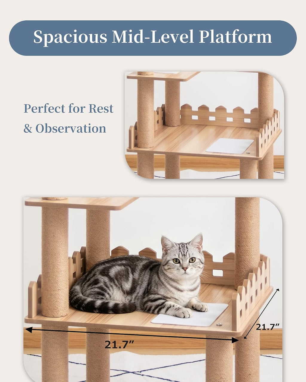 Wood Cat Tree for Indoor Cats, 53 inch Cats Furniture Tower with Large Platforms, Clear Bowl, Full Sisal Scratching Posts, Water Proof Surface