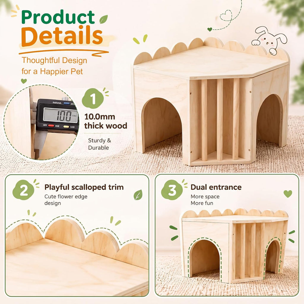 Wooden Bunny Corner Hideout Large Rabbit House with Hay Feeder