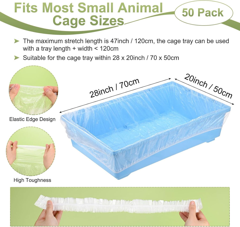 M METERXITY 50-Pcs Disposable Cage Liners, Clear Plastic Universal Toilet Film for Bunny Guinea Pig Bird Hamster Small Animals, Quick Cleanup Cage Liner Bag Tray Accessories(28" x 20")