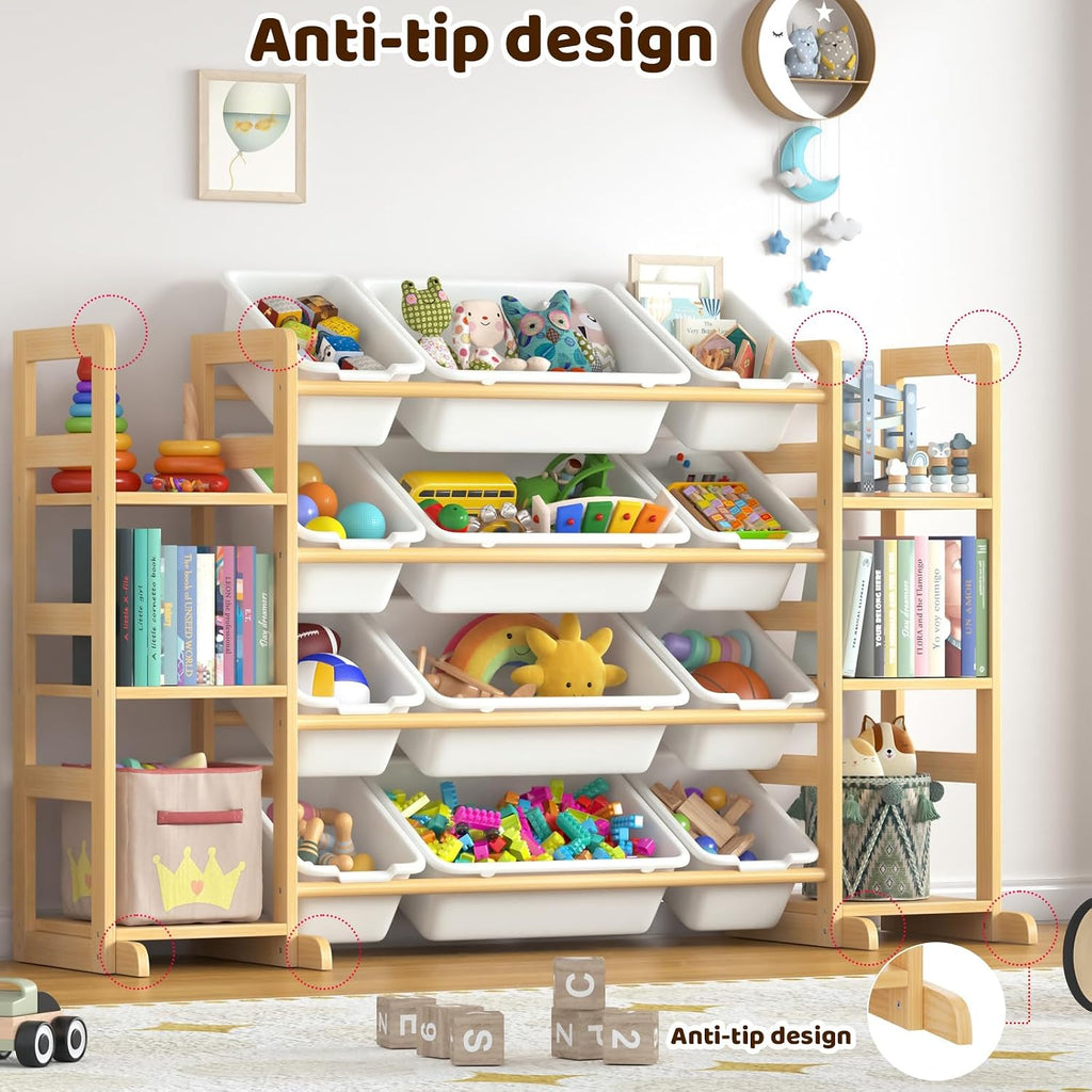 Large Toy Storage Organizer Kids Toy Organizer and Bookshelf Combo with 12 Bins and 6 Shelves Toy Organization Box Toy Shelf for Playroom, Bedroom, Nursery