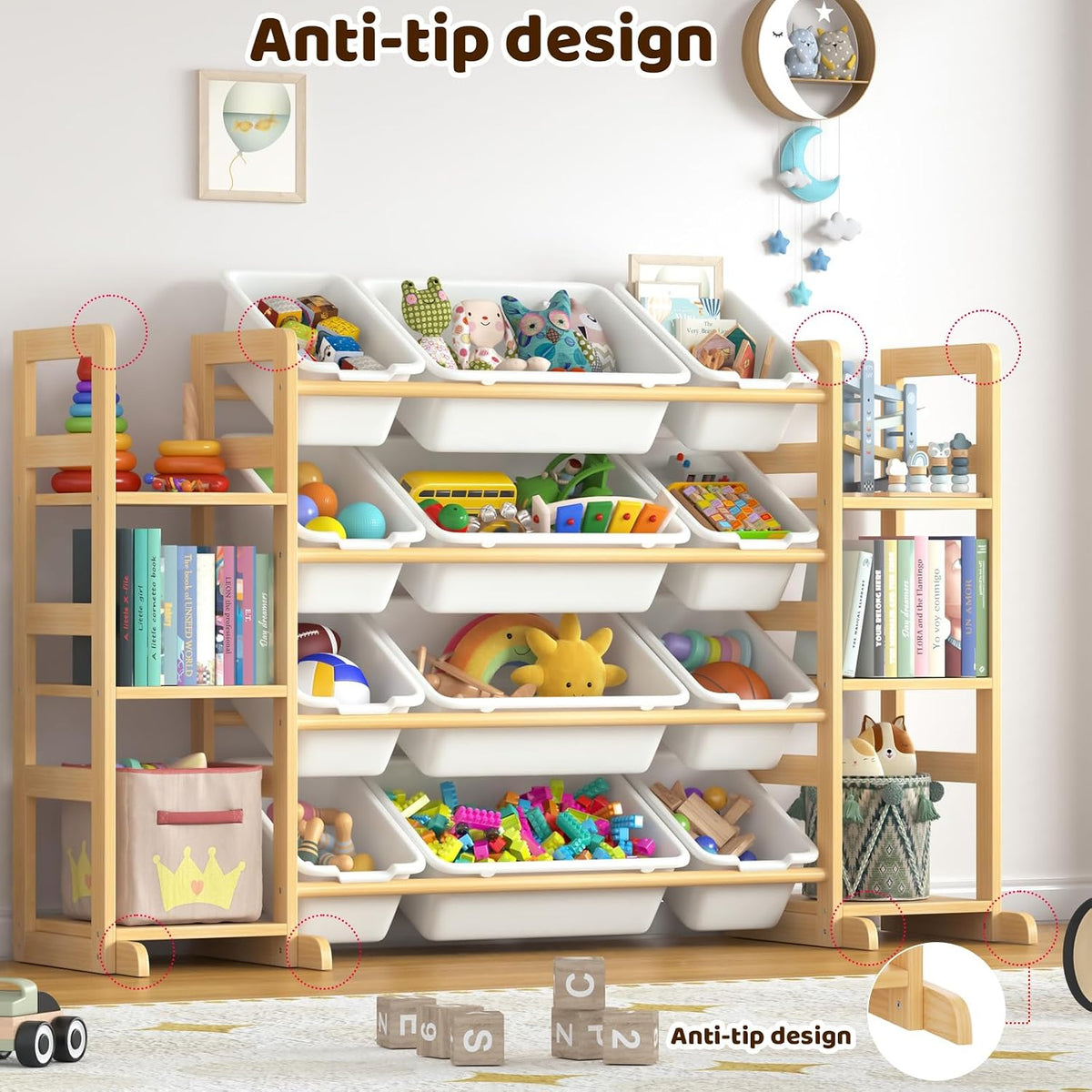 Large Toy Storage Organizer Kids Toy Organizer and Bookshelf Combo with 12 Bins and 6 Shelves Toy Organization Box Toy Shelf for Playroom, Bedroom, Nursery