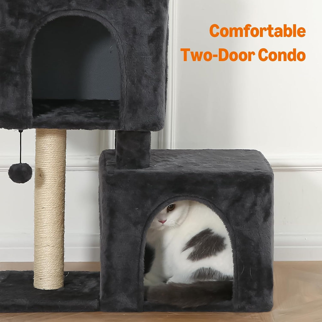 Amazon Basics 30-Inch Cat Tree Tower, Activity Center with 2 Plush Condos, Sisal Scratching Post and Hanging Pompom, Gray