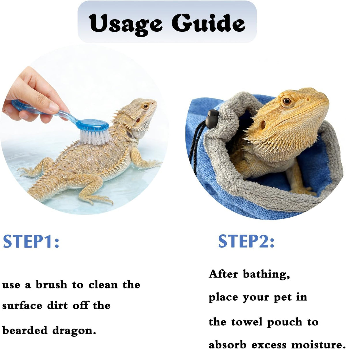 Bearded Dragon Bath Towel Bag with 2Pcs Reptile Bathing Brush, Reptile Bath Tub, Fast Drying Absorbent Lizard Towel for Lizards, Geckos, Guinea Pigs and Hedgehogs