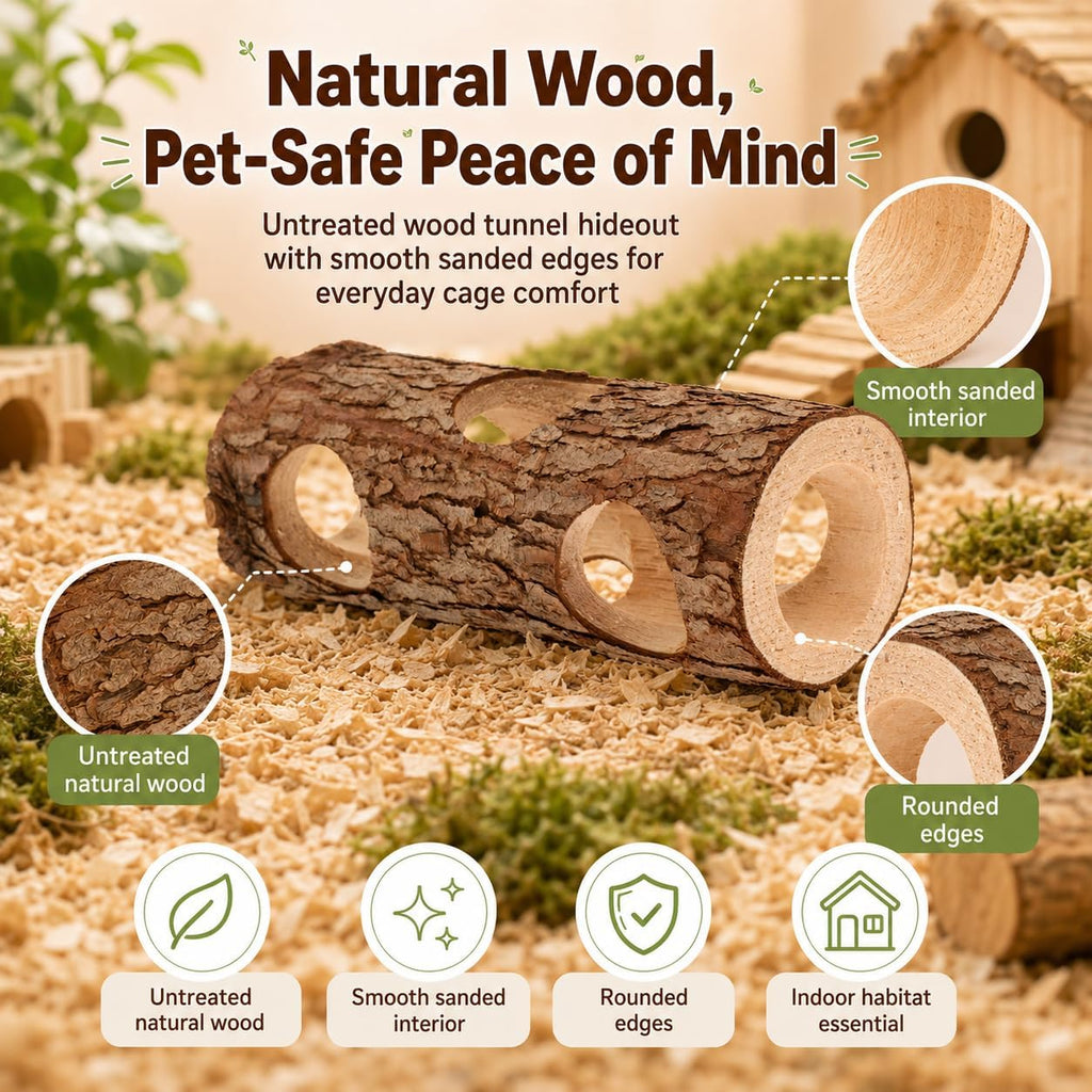 Toddmomy Wooden Hamster Hideout Tunnel for Small Animals 5.90X2.36X2.36In Rat and Guinea Pig Shelter Tube Habitat Safe Play and Rest Space