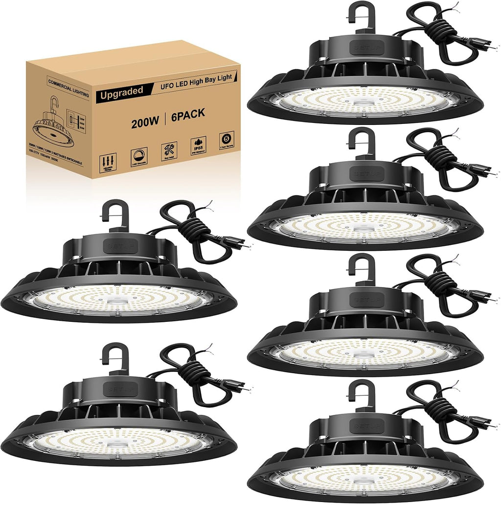 UFO LED High Bay Light 200W 6 Pack, High Bay LED Shop Light 30,000LM 0-10V Dimmable, 5' Cable with US Plug, Hanging Hook, Safe Rope, ETL Listed High Bay for Warehouse Factory Barn Shop