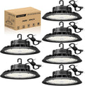UFO LED High Bay Light 200W 6 Pack, High Bay LED Shop Light 30,000LM 0-10V Dimmable, 5' Cable with US Plug, Hanging Hook, Safe Rope, ETL Listed High Bay for Warehouse Factory Barn Shop