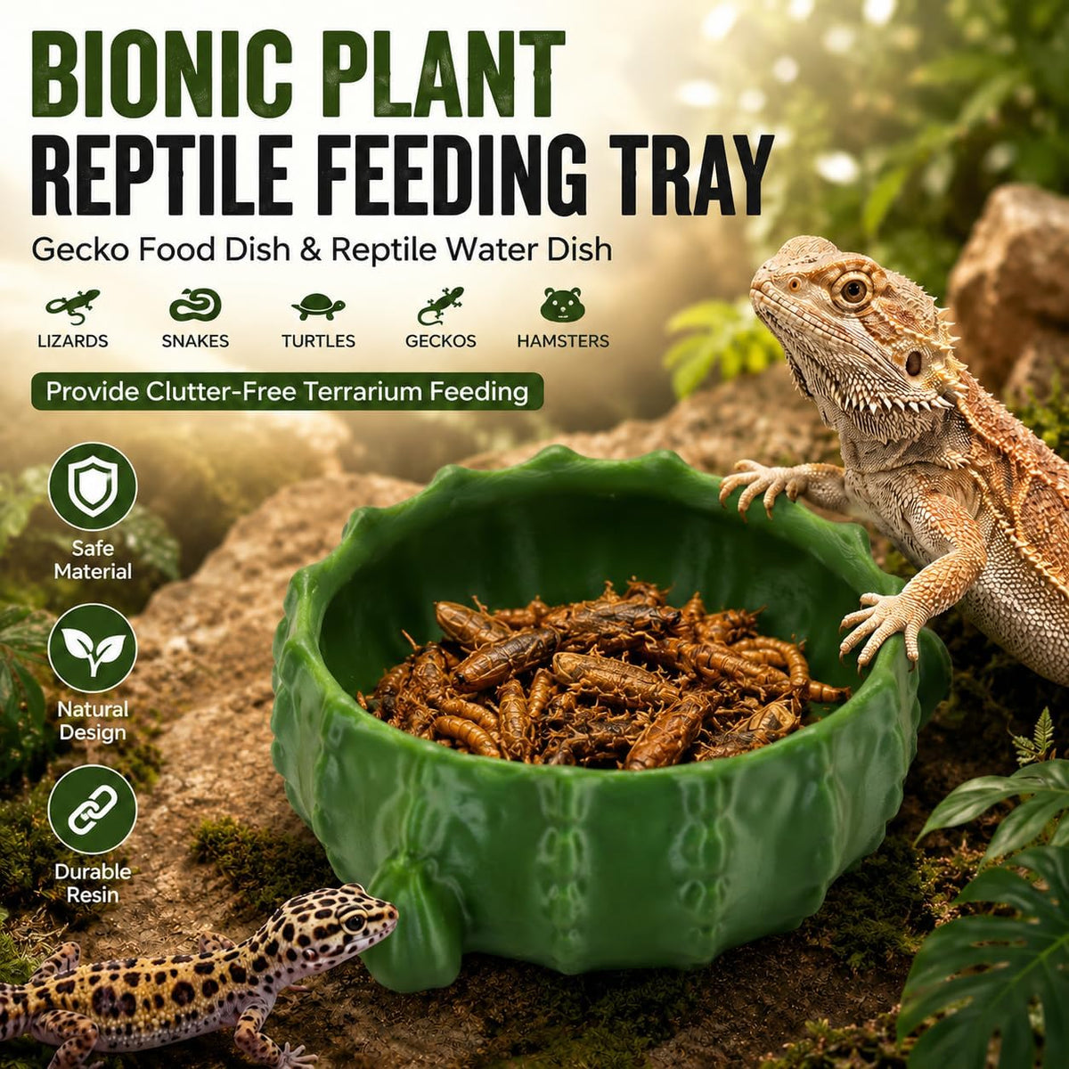 3.58IN-Bionic Plant Reptile Feeding Tray – Gecko Food Dish and Reptile Water Dish, Bearded DragonTank Accessories, Provide Clutter-Free Terrarium Feeding, Suitable for Lizards, Snakes, Turtles