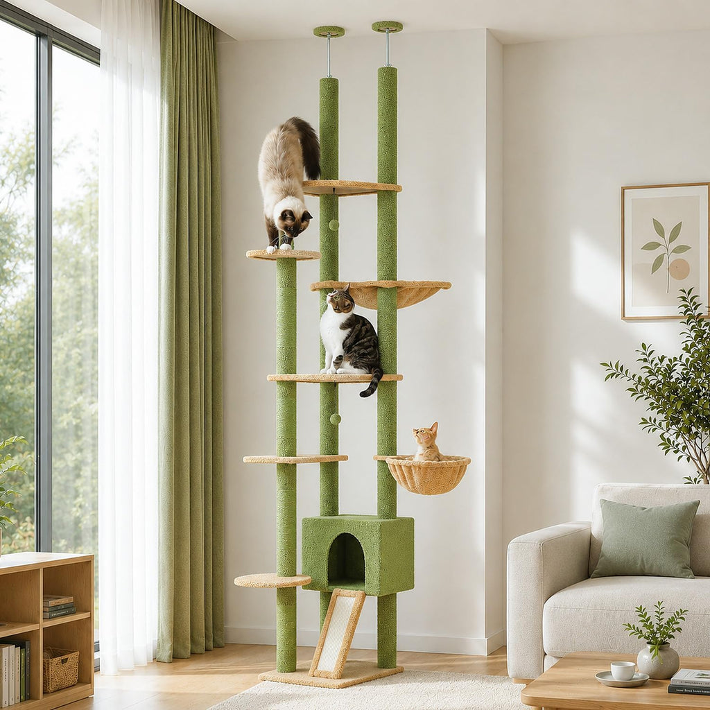 PEQULTI Floor to Ceiling Cat Tree, Height Adjustable 90.5-100.4'', Green