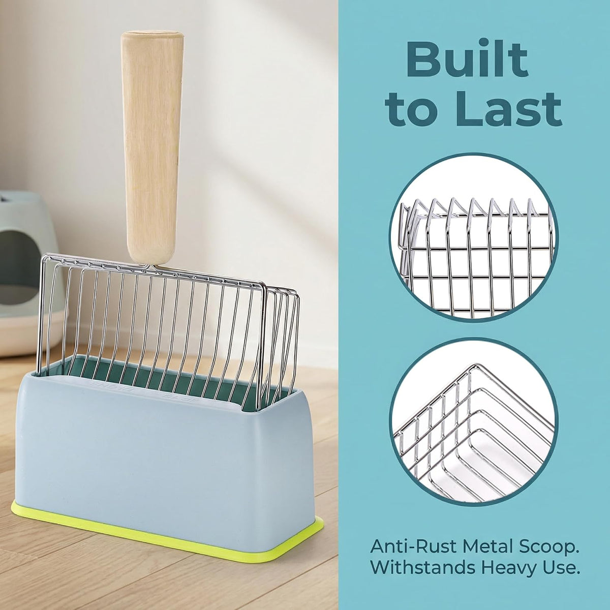 Hiceeden 2 Pack Fast Sifting Cat Litter Scoop with Stand, Metal Kitty Litter Scoop Holder with Wooden Handle, Easy Clean Cat Poop Scooper for Kitten Litter Box, Gray and Blue