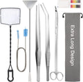 Extra Long Aquarium Aquascaping Tools Kit 8 in 1, Liveek Stainless Steel Aquarium Plant Tools Long Fish Tank Aquascape Tweezers Scissors Scrapers, PH Paper, Fish Net, Aquascape Clean Brush, Bag