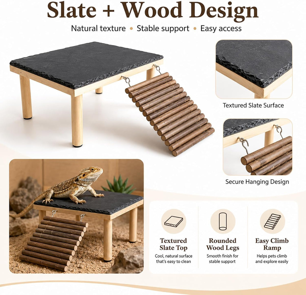Bearded Dragon Basking Platform with Climbing Ramp, Wooden Bearded Dragon Platform Reptile Basking Platform with Slate Stone for Bearded Dragons Leopard Geckos Lizards Turtles Hamsters A