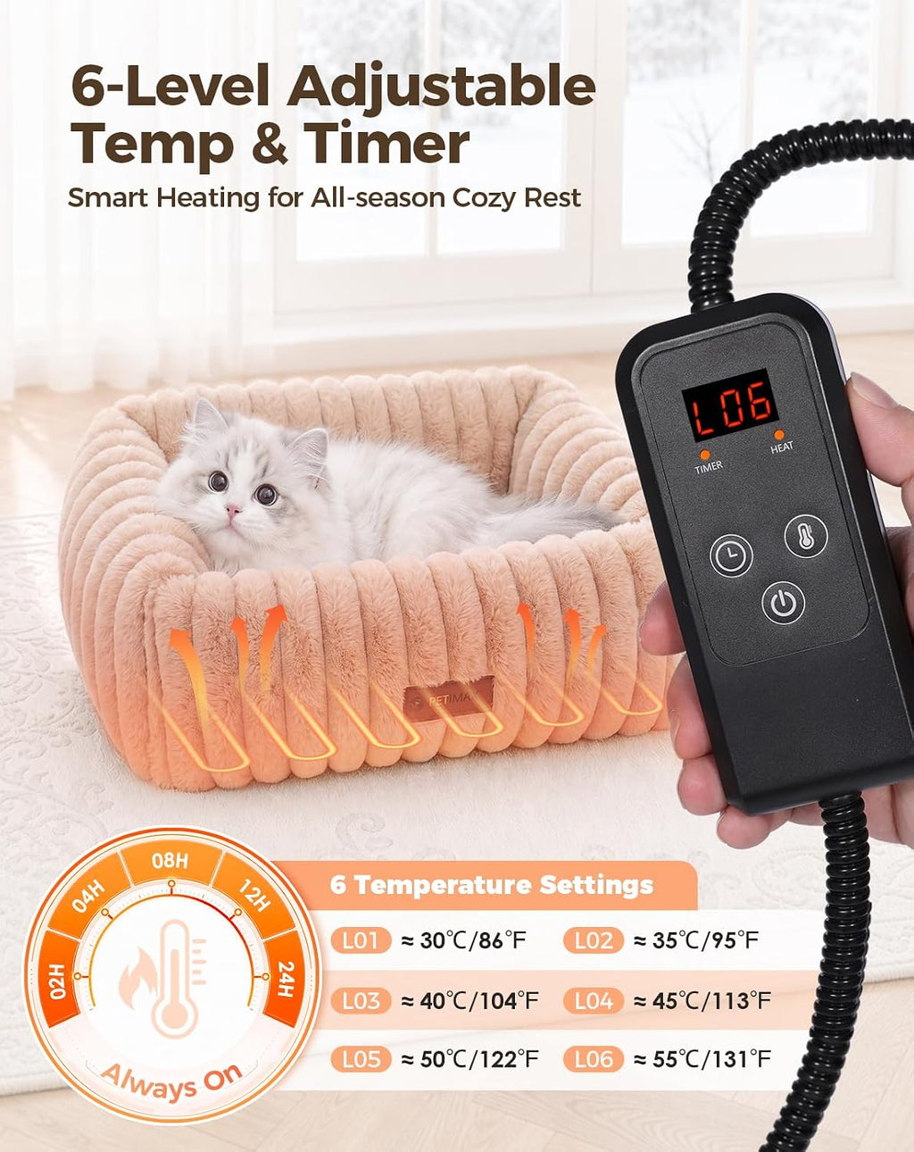 Heated Cat Bed Indoor, 6 Temp & 6 Timer, Removable Washable Cover, Brown, S
