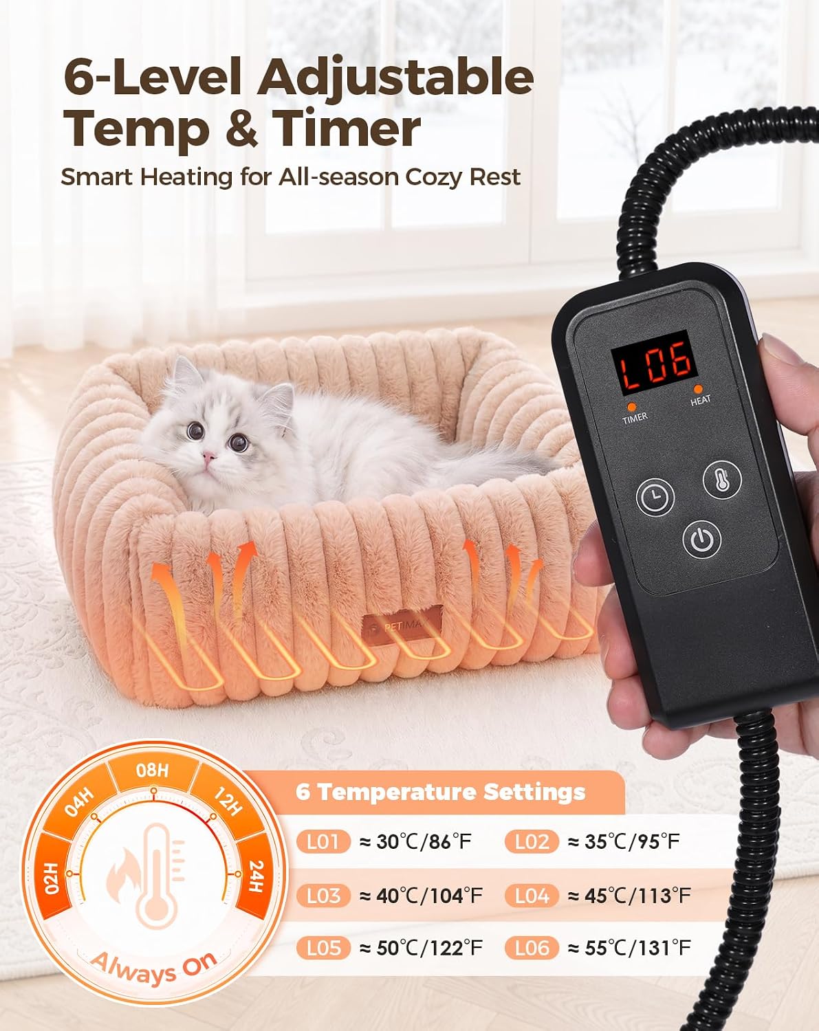 Heated Cat Bed Indoor, 6 Temp & 6 Timer, Removable Washable Cover, Brown, S