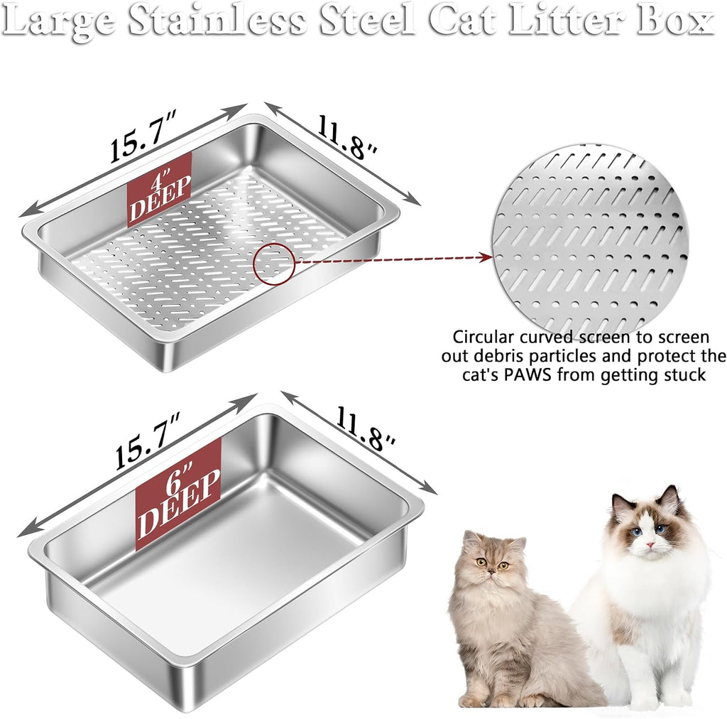 Stainless Steel Sifting Small Cat Litter Box for Pine Pellets, Metal Kitten Litter Box Sifter Pan with Litter Scoop, Low Dust, Odor Control, Easy Cleaning, 15.7" L x 11.8" W x 6" H