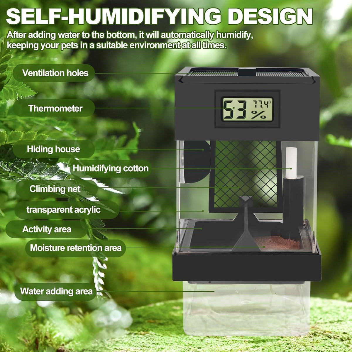 Pre-Assembled Jumping Spider Enclosure,Spider Enclosure with Thermometer and Self-Humidifying Device,Insect Terrarium with All-Side Ventilation, Praying Mantis Habitat,Includes a Hideout.