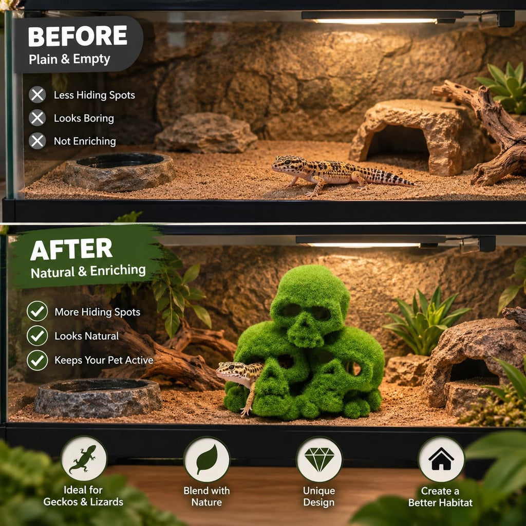 Moss Skull Terrarium Decor, Reptile Hide Tank Accessories for Gecko Lizard