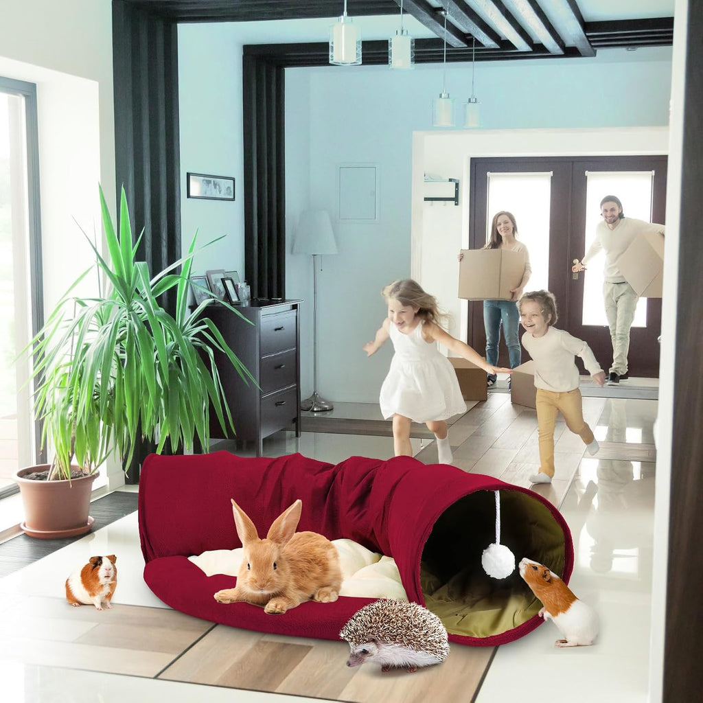 Bunny Tunnel Bed, 2-in-1 Collapsible Rabbit Tunnel Hideout with Mat