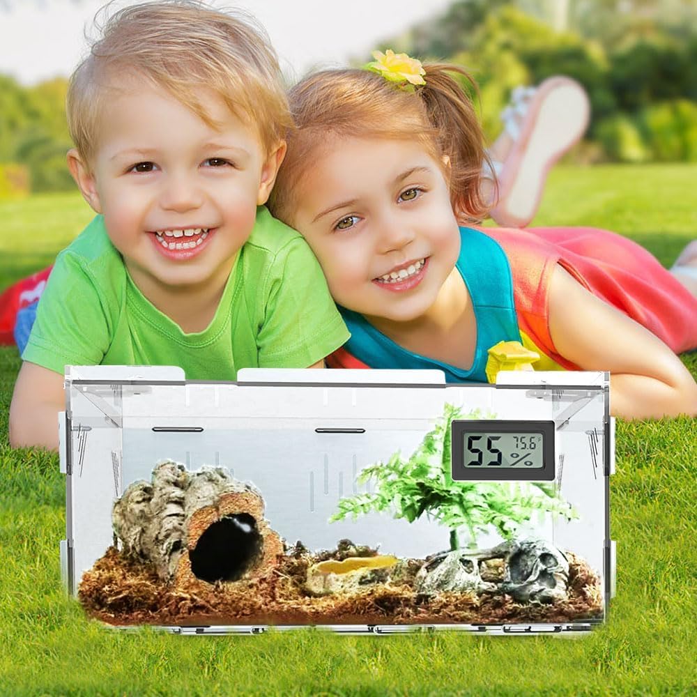 Acrylic Reptile Breeding Box Terrarium Cage Tank, 11.8"x7.9"x5.9", with Temperature Hygrometer, for Small Reptiles, Snakes, Insects, Home Office