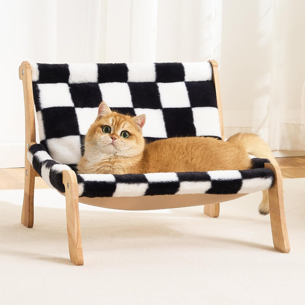 Solid Wood Cat Couch Bed for Indoor Cats, Modern Cat Sofa with Ultra-Soft Plush Surface Washable, Reclined Backrest, Elevated Elevated Cat Lounge Furniture for Small to Adult Pets, Ivory White
