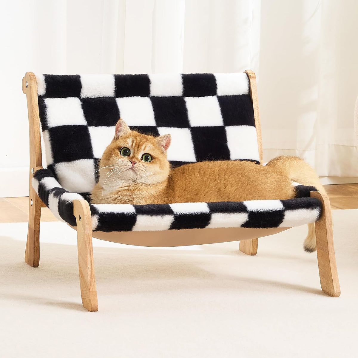 Solid Wood Cat Couch Bed for Indoor Cats, Modern Cat Sofa with Ultra-Soft Plush Surface Washable, Reclined Backrest, Elevated Elevated Cat Lounge Furniture for Small to Adult Pets, Ivory White