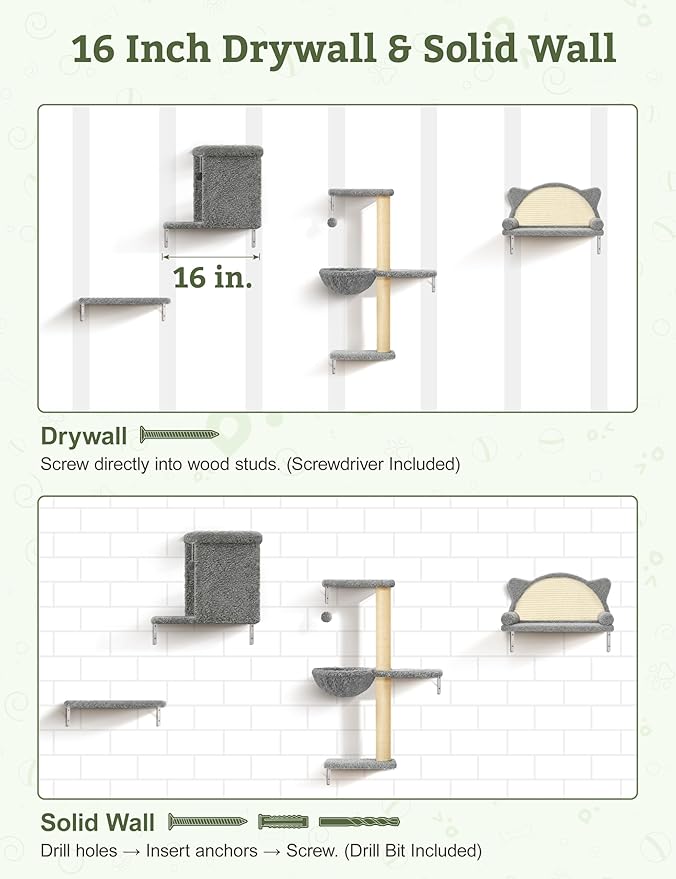 5-in-1 Cat Wall Shelves, Solid Wood & Velvet & Sisal Scratcher, 44lbs Max Load - Image 7