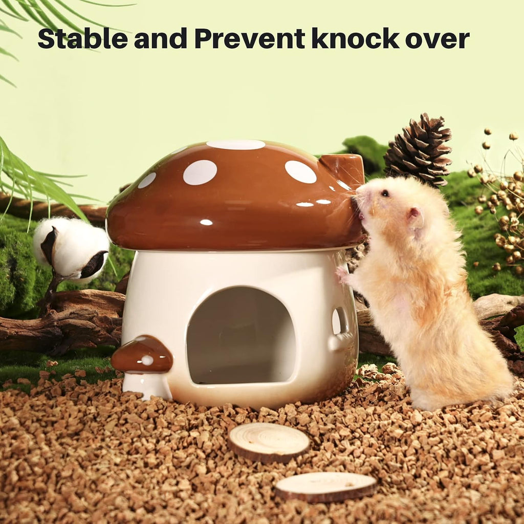 BUCATSTATE Hamster Hideout Ceramic, Mushroom Shape Hamster House and Habitats Cool Bed Ideal for All Season Dwarf Hamster Gerbil Mice Golden Bear (Brown-Large)