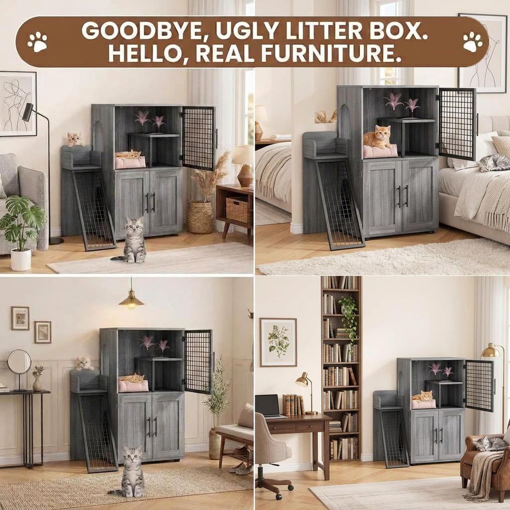 IDEALHOUSE Cat Litter Box Enclosure with Double Layer, Dark Grey